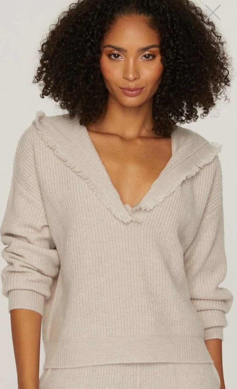 The Cashmere Project Sweater Hoodie with Fringe Trim V-Neck Beige Cream Sz S
